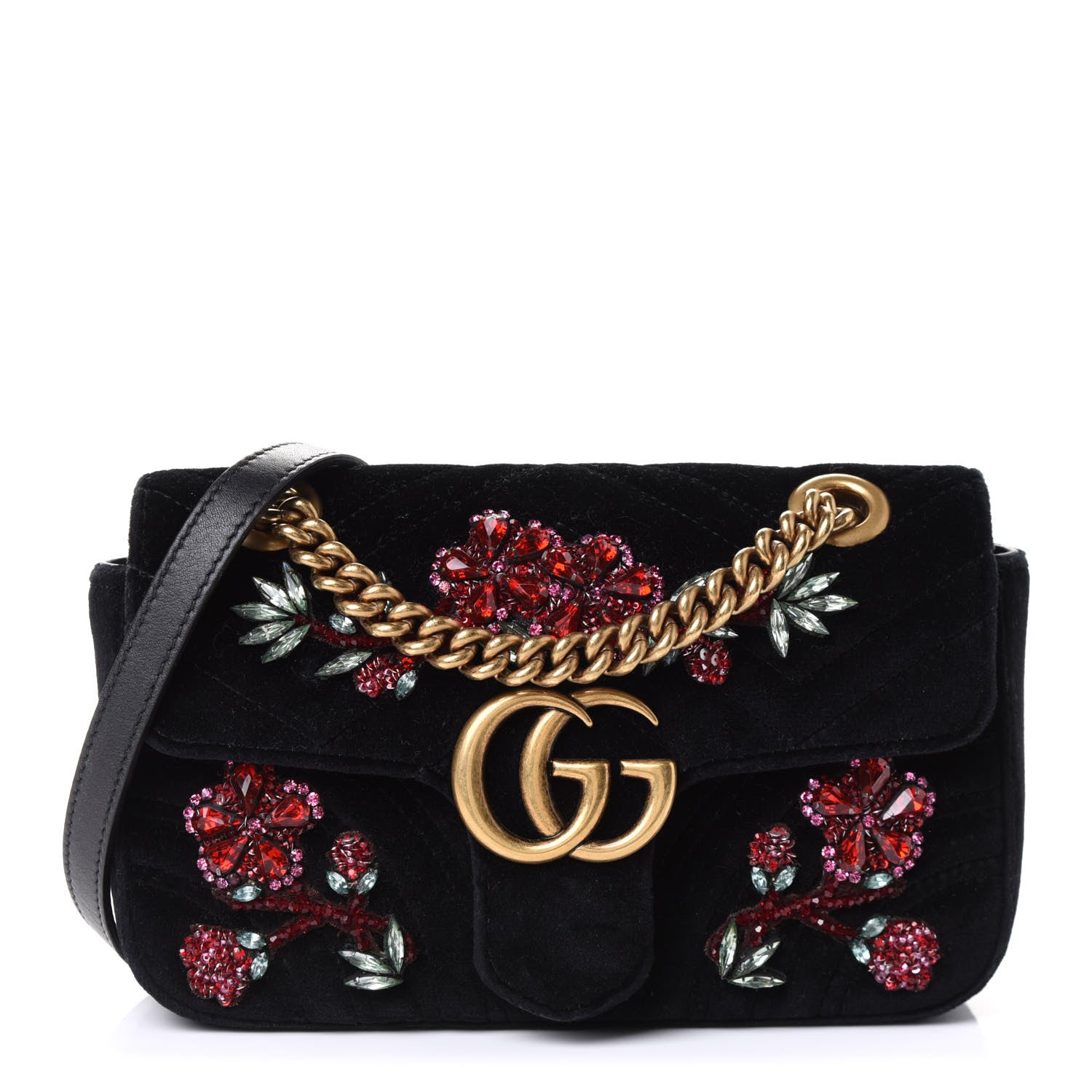 Gucci Velvet Matelasse Embroidered Medium GG Marmont Shoulder Bag Black 1 of 5