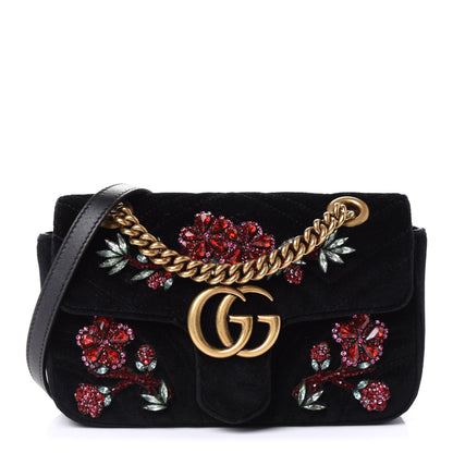 Gucci Velvet Matelasse Embroidered Medium GG Marmont Shoulder Bag Black 1 of 5