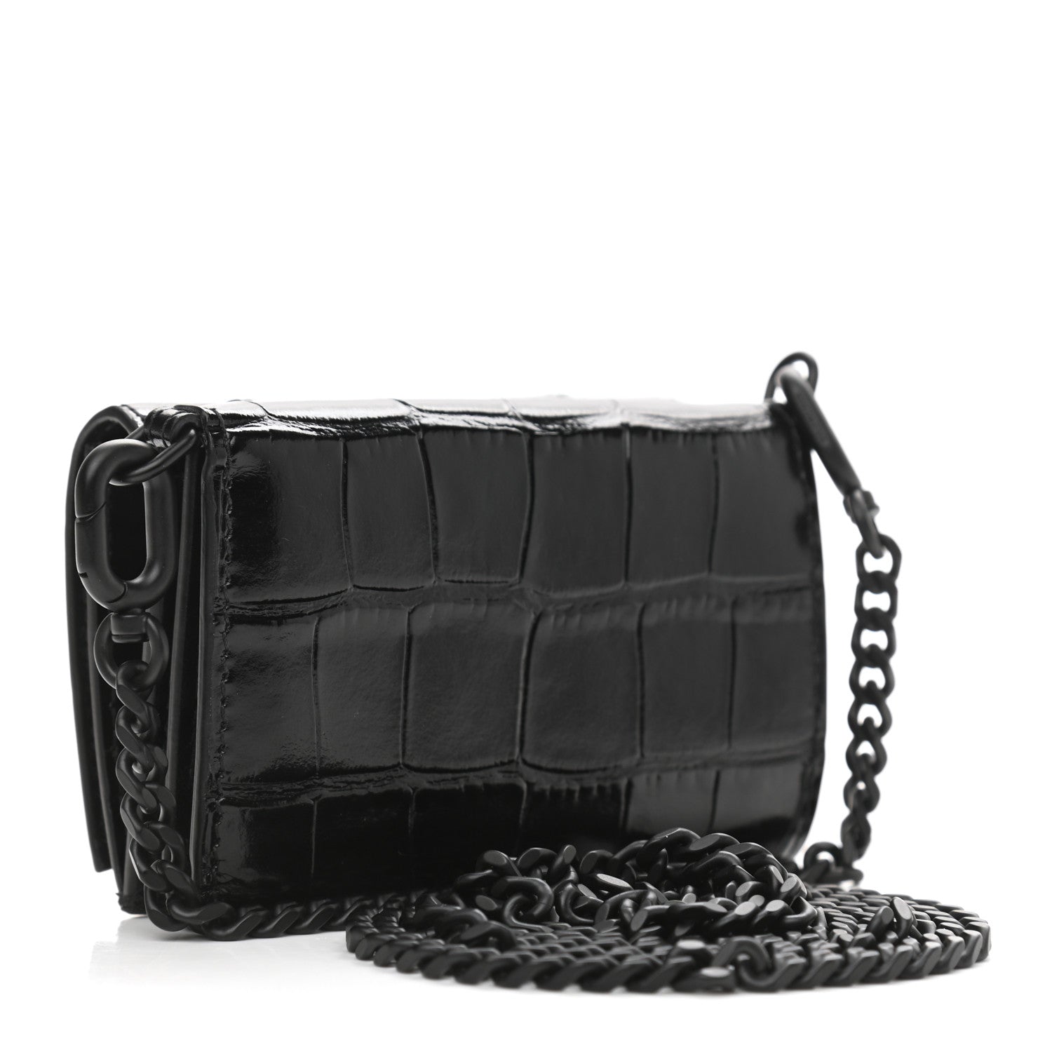 Balenciaga Shiny Calfskin Monochrome Crocodile Embossed Mini Hourglass Wallet on Chain Black 3 of 13