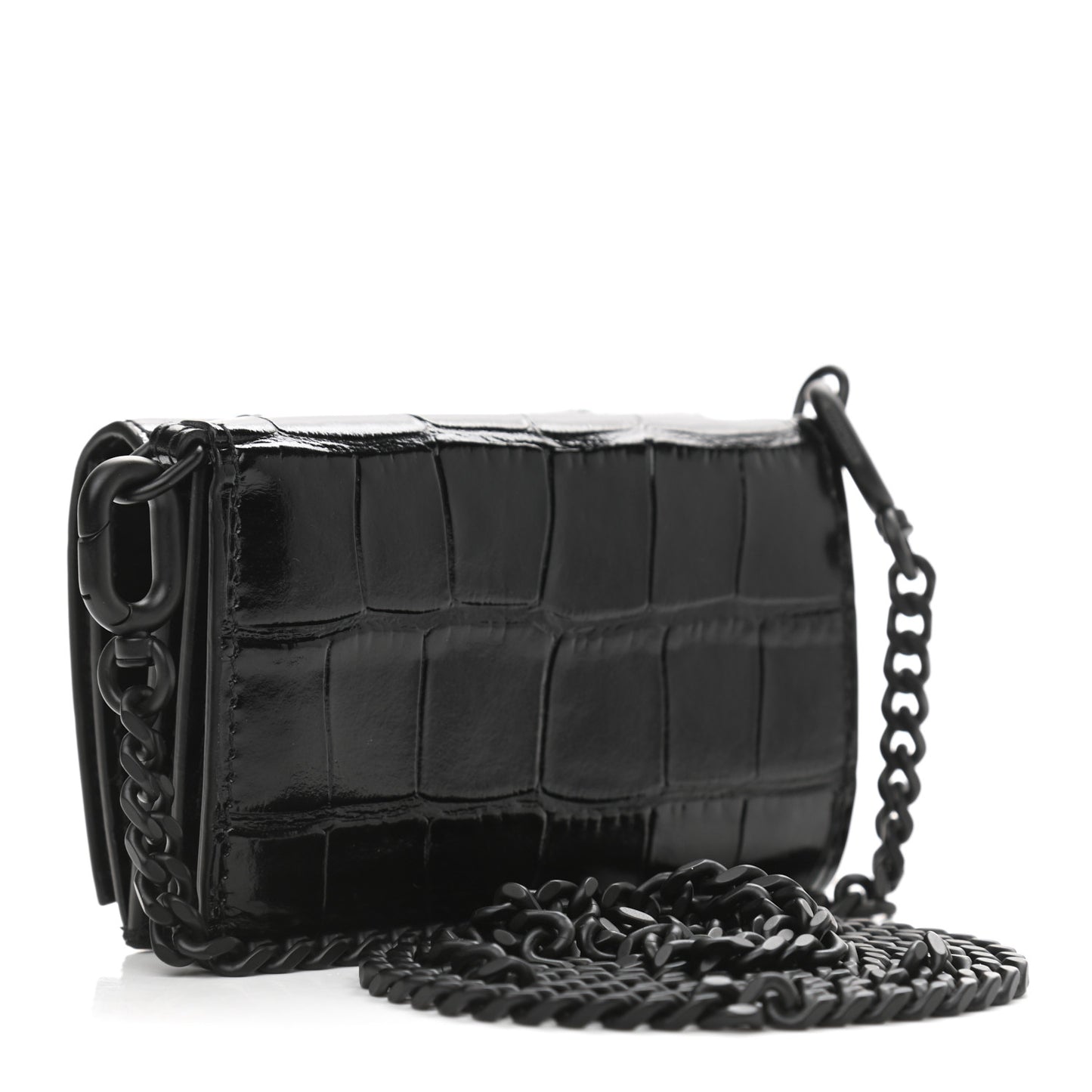 Shiny Calfskin Monochrome Crocodile Embossed Mini Hourglass Wallet on Chain Black