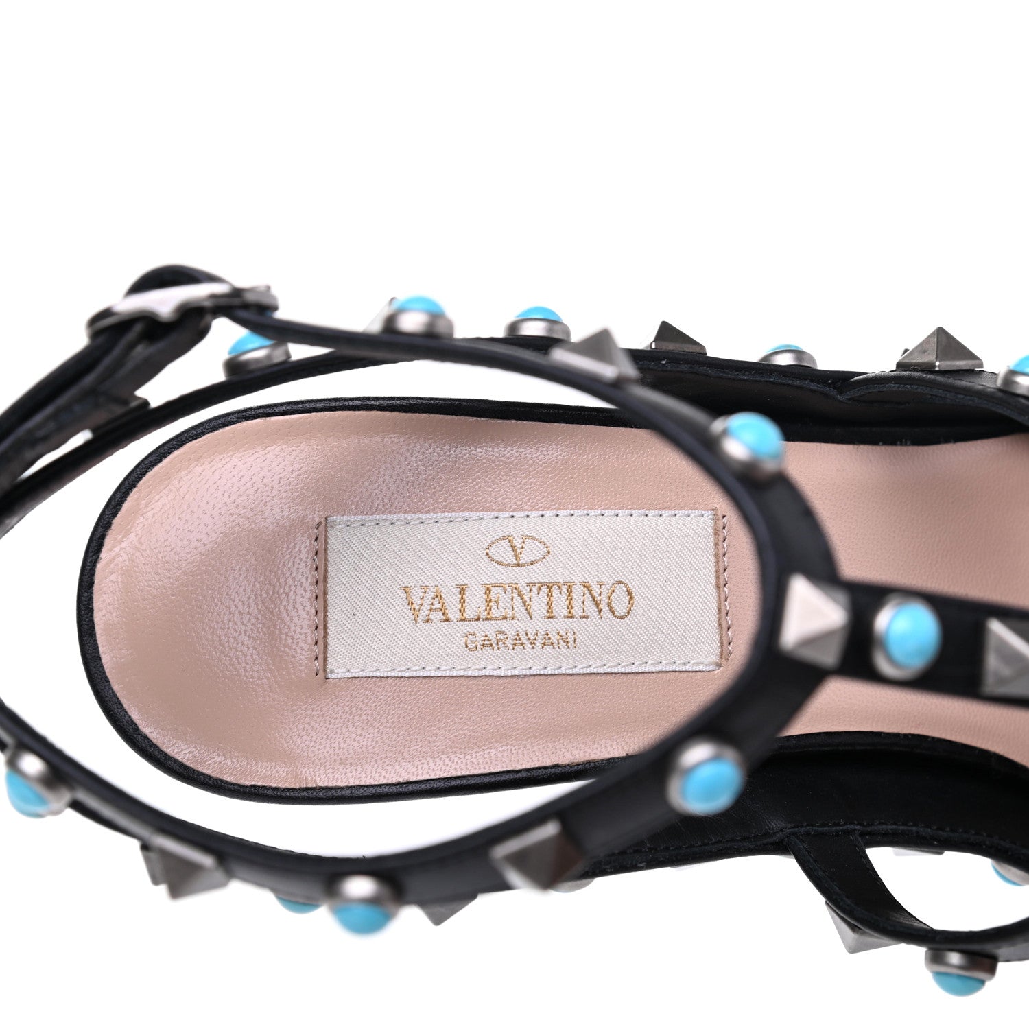 Valentino Garavani Pebbled Calfskin Turquoise Rockstud Rolling Ankle Strap 100mm Pumps 37 Black 7 of 8