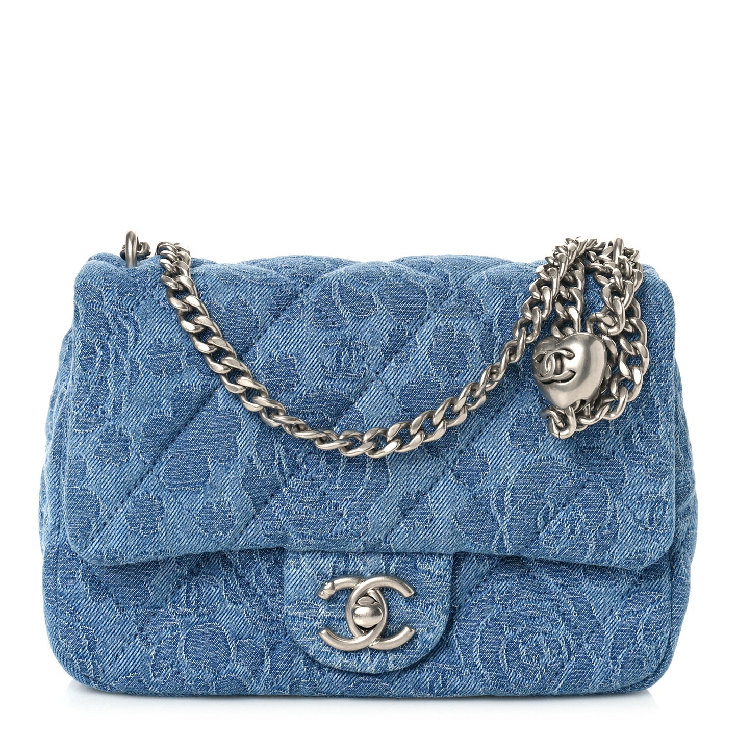 Denim Quilted Camellia Sweetheart Mini Flap Blue