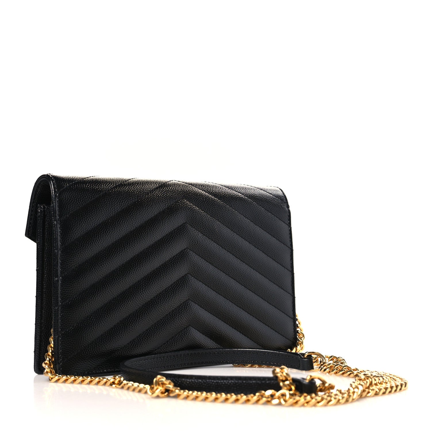Saint Laurent Grain De Poudre Matelasse Chevron Monogram Envelope Chain Wallet Black 3 of 9