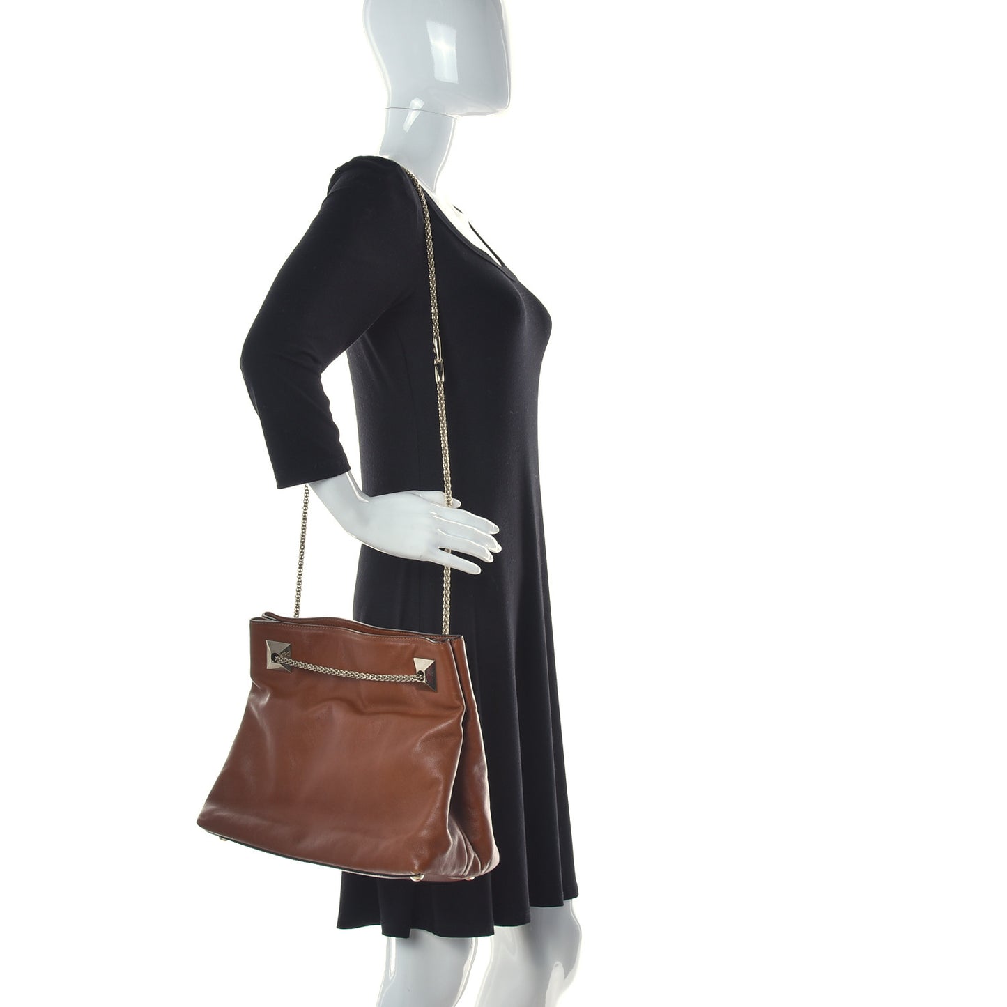 Calfskin Macro Rockstud Chain Shoulder Bag Brown