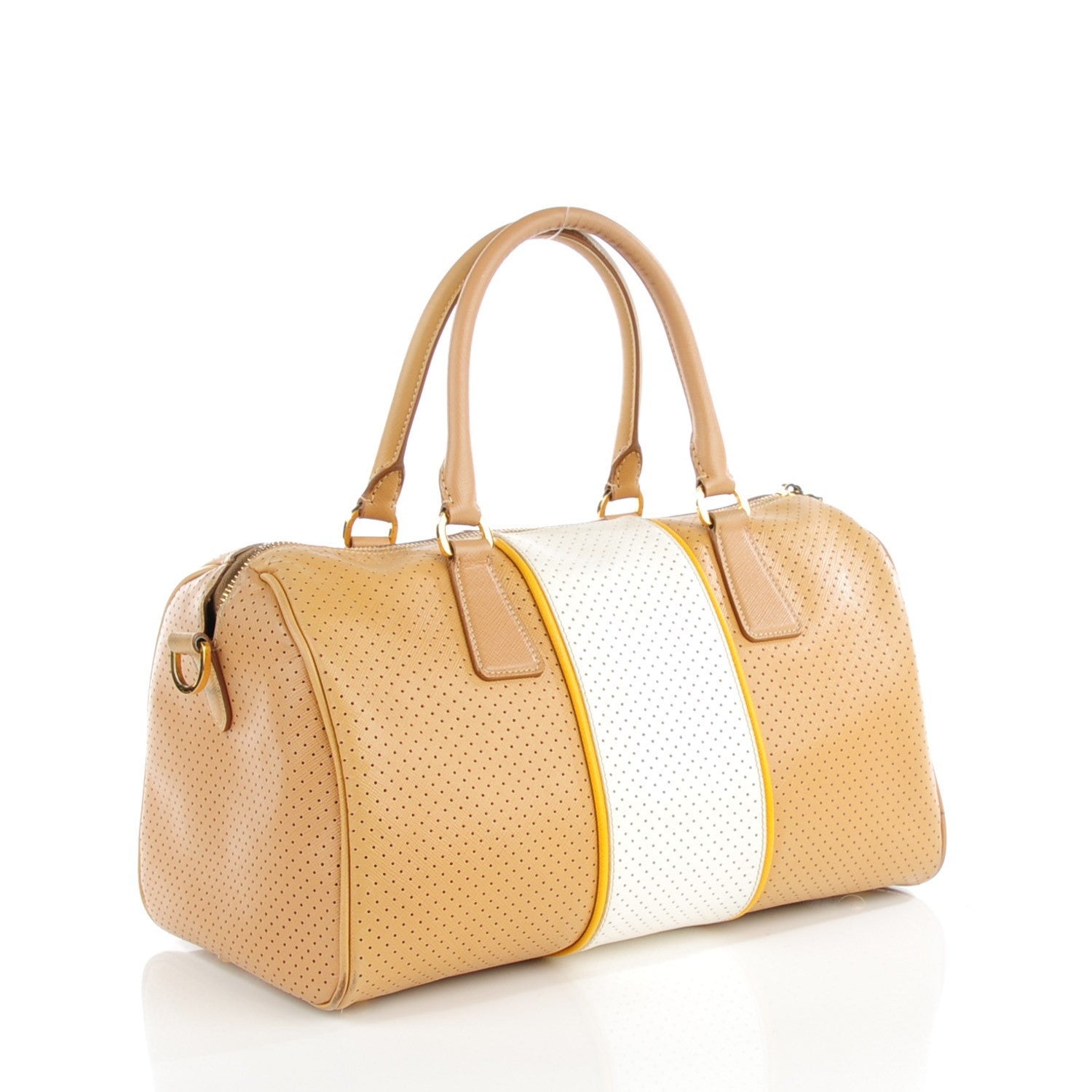 Prada Perforated Saffiano Fori Striped Boston Cuoio Mimosa 4 of 10