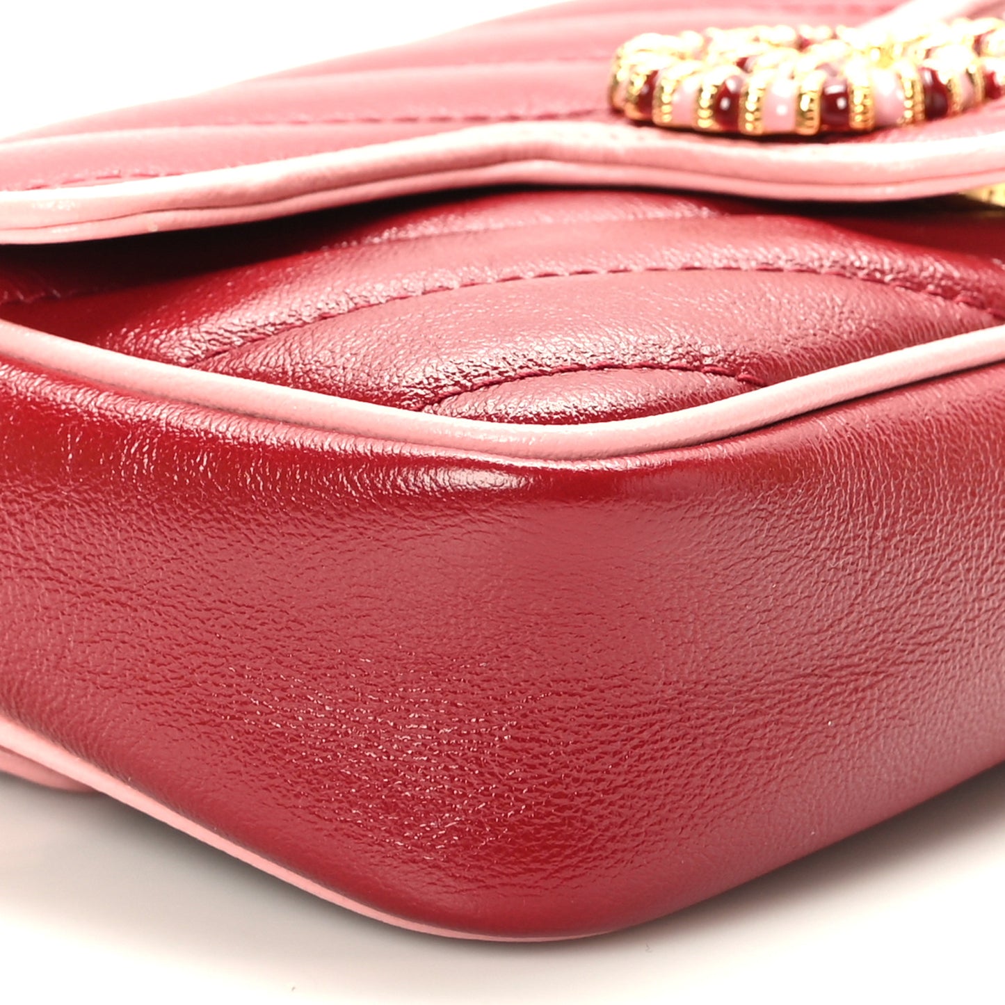 Azalea Calfskin Enamel Matelasse Diagonal Super Mini Torchon GG Marmont Shoulder Bag New Cherry Red Wild Rose