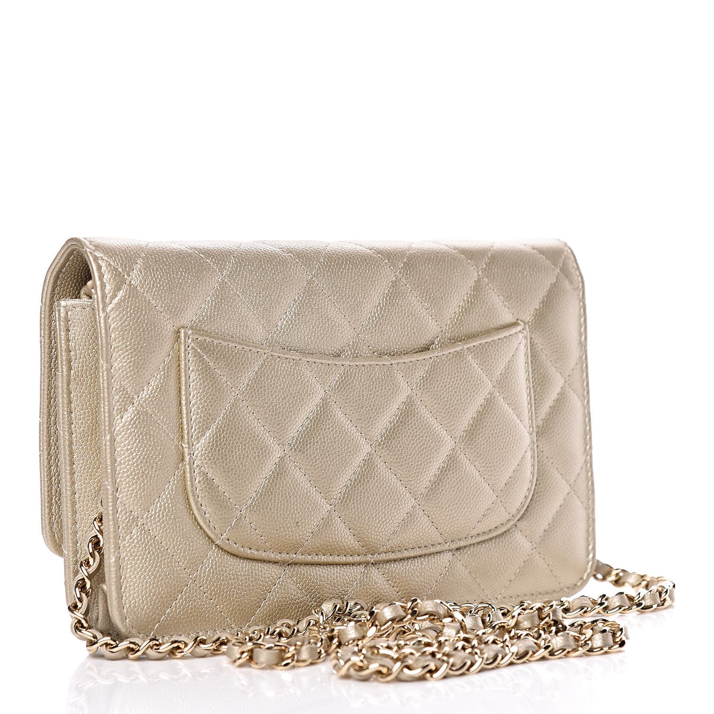 Pearly Caviar Quilted Wallet On Chain WOC Light Gold