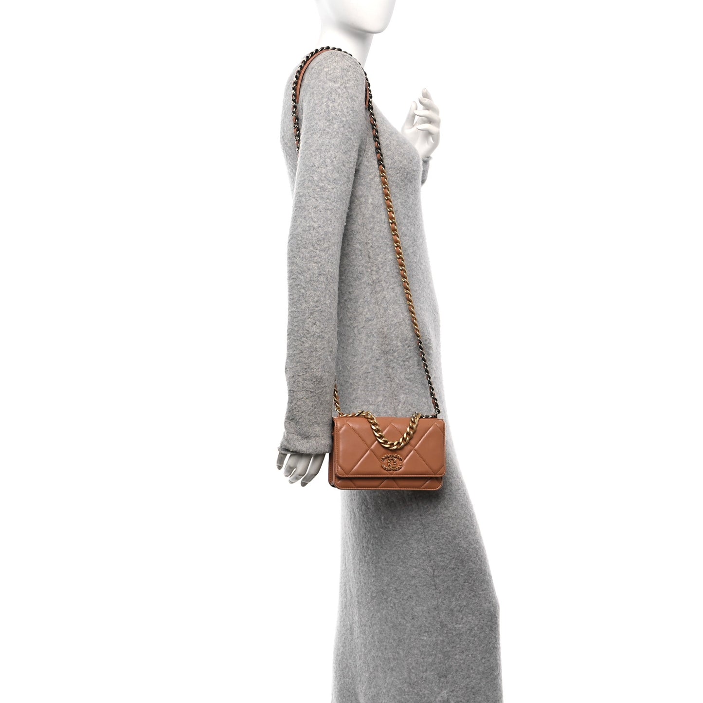 Lambskin Quilted Chanel 19 Wallet On Chain WOC Brown