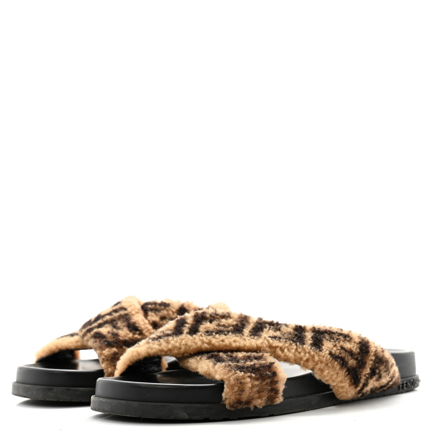 Fendi Shearling FF Sandals 40 Black Brown 3 of 8