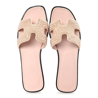 Hermes Calfskin Embroidered Oran Sandals 37 Beige 2 of 9