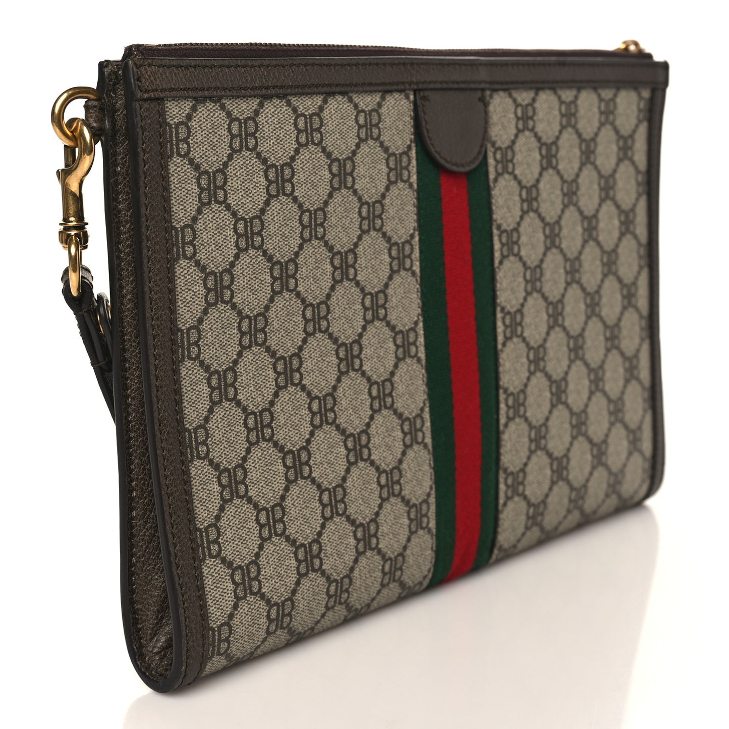 X BALENCIAGA BB Supreme Monogram Web Ophidia Wristlet Beige New Acero