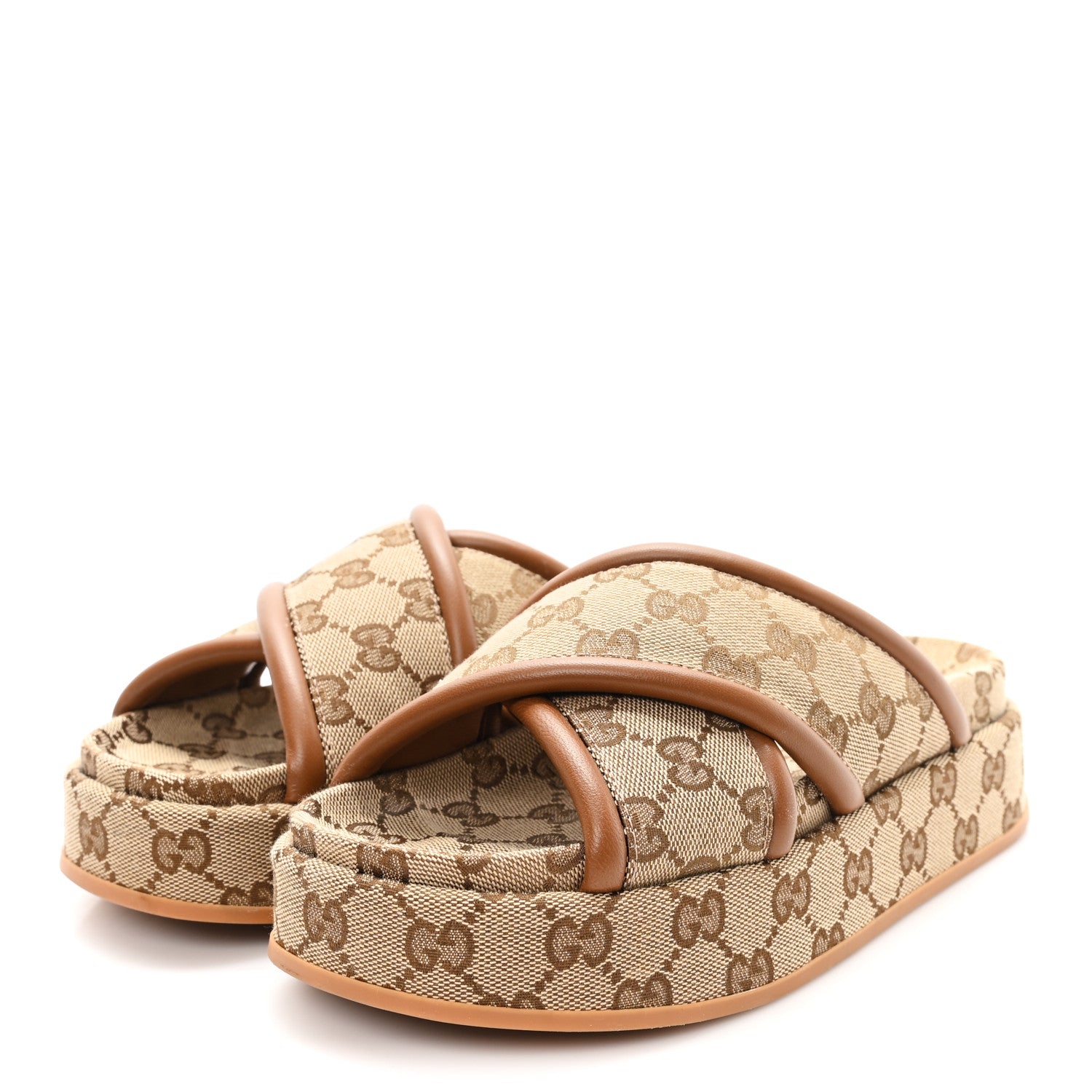 Gucci Monogram GG Calfskin Angelina Platform 55mm Slide Sandals 35 Camel Ebony 4 of 10
