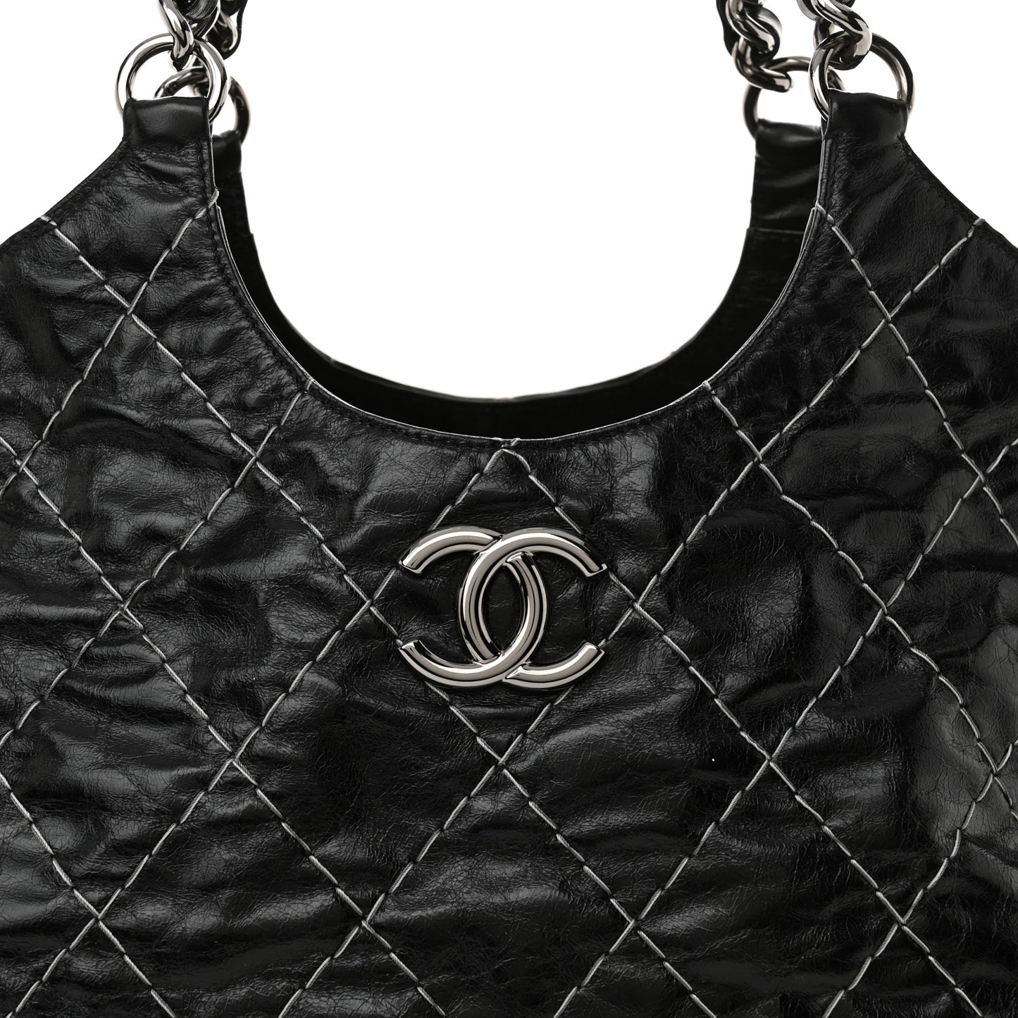 Glazed Goatskin Double Contrast Stitch Tote Black Black Black