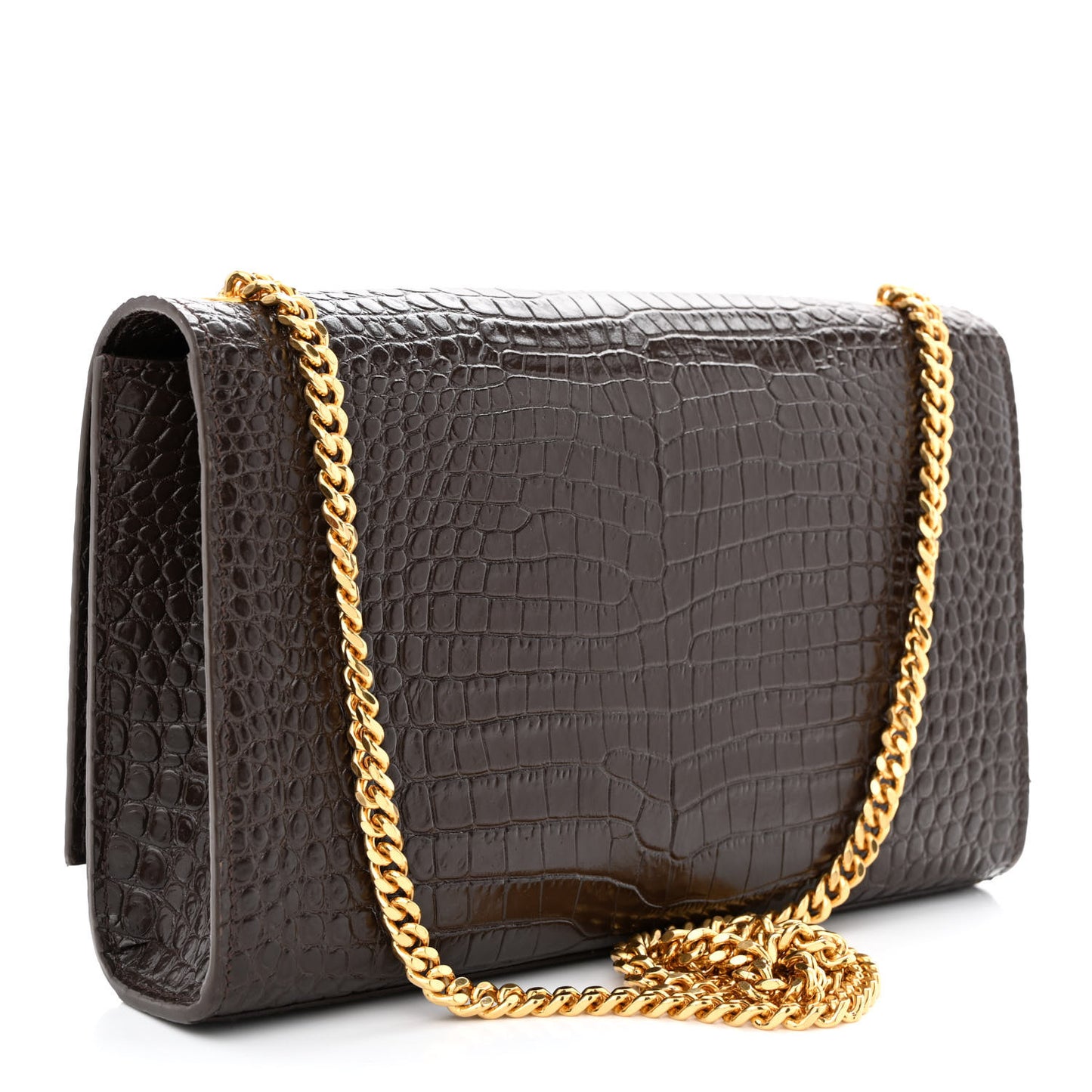 Calfskin Crocodile Embossed Medium Classic Monogram Kate Tassel Satchel Dark Brown