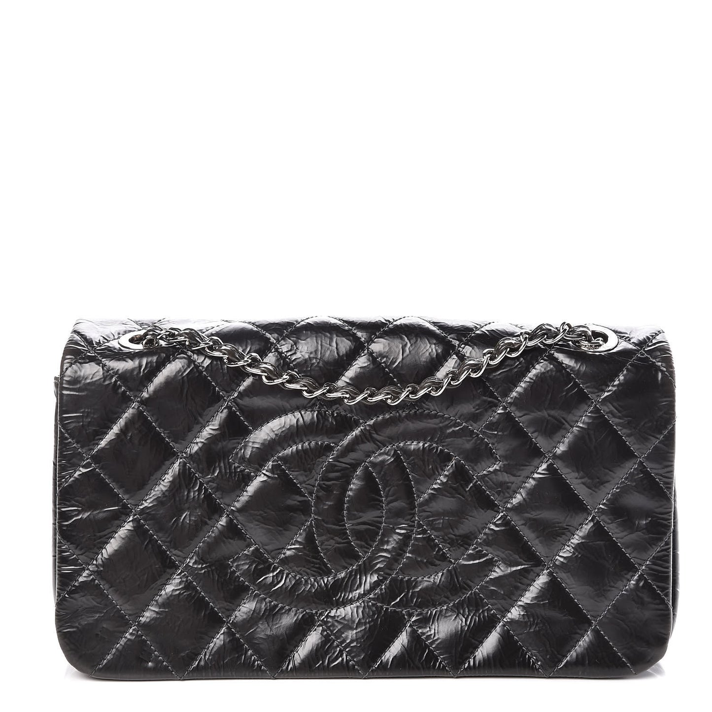 Glazed Calfskin Quilted CC Single Flap Black