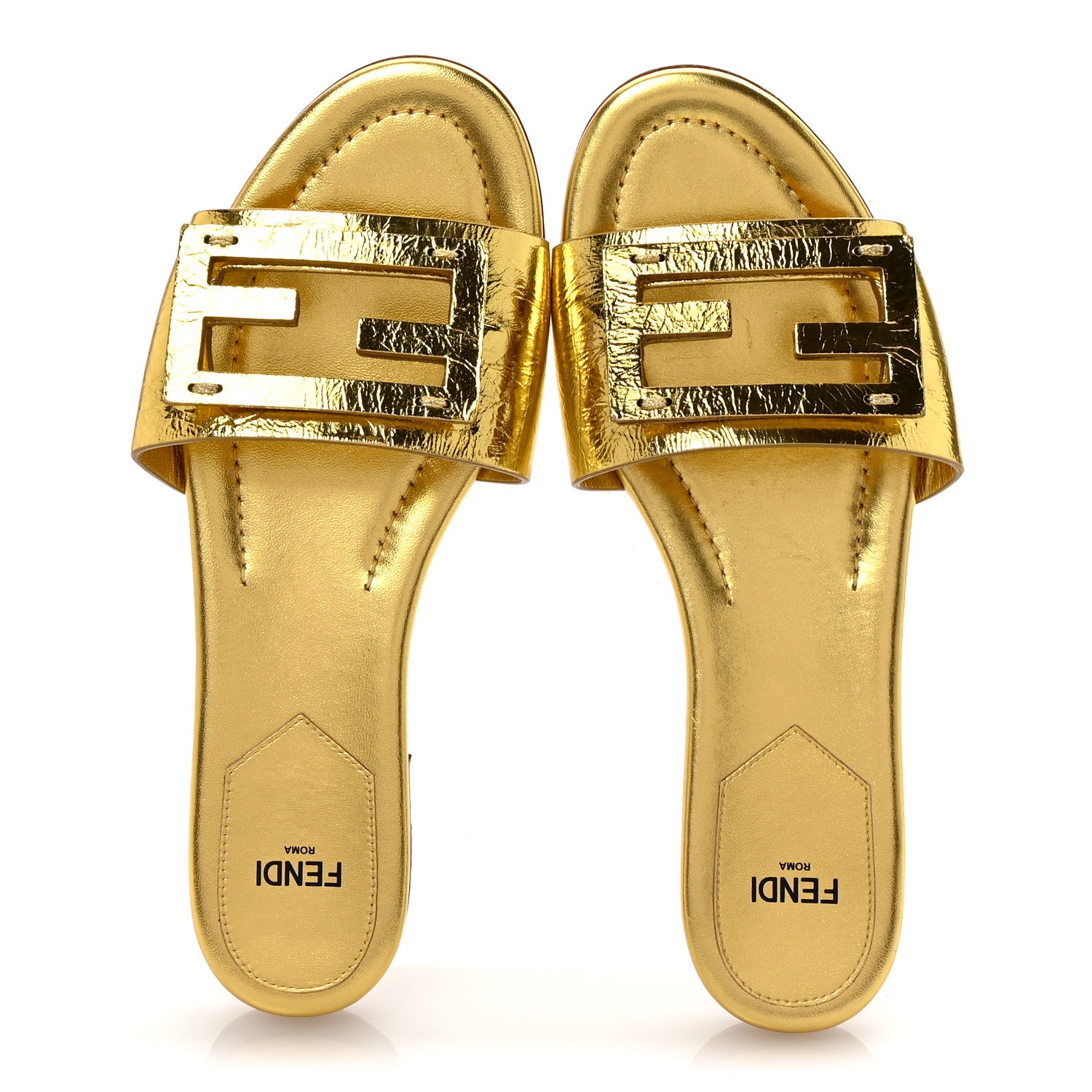 Fendi Nappa Laminata Cuoio Baguette Flat Slide Sandals 36 Gold