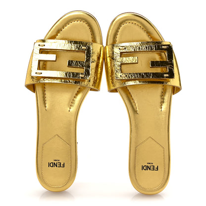 Fendi Nappa Laminata Cuoio Baguette Flat Slide Sandals 36 Gold 2 of 8
