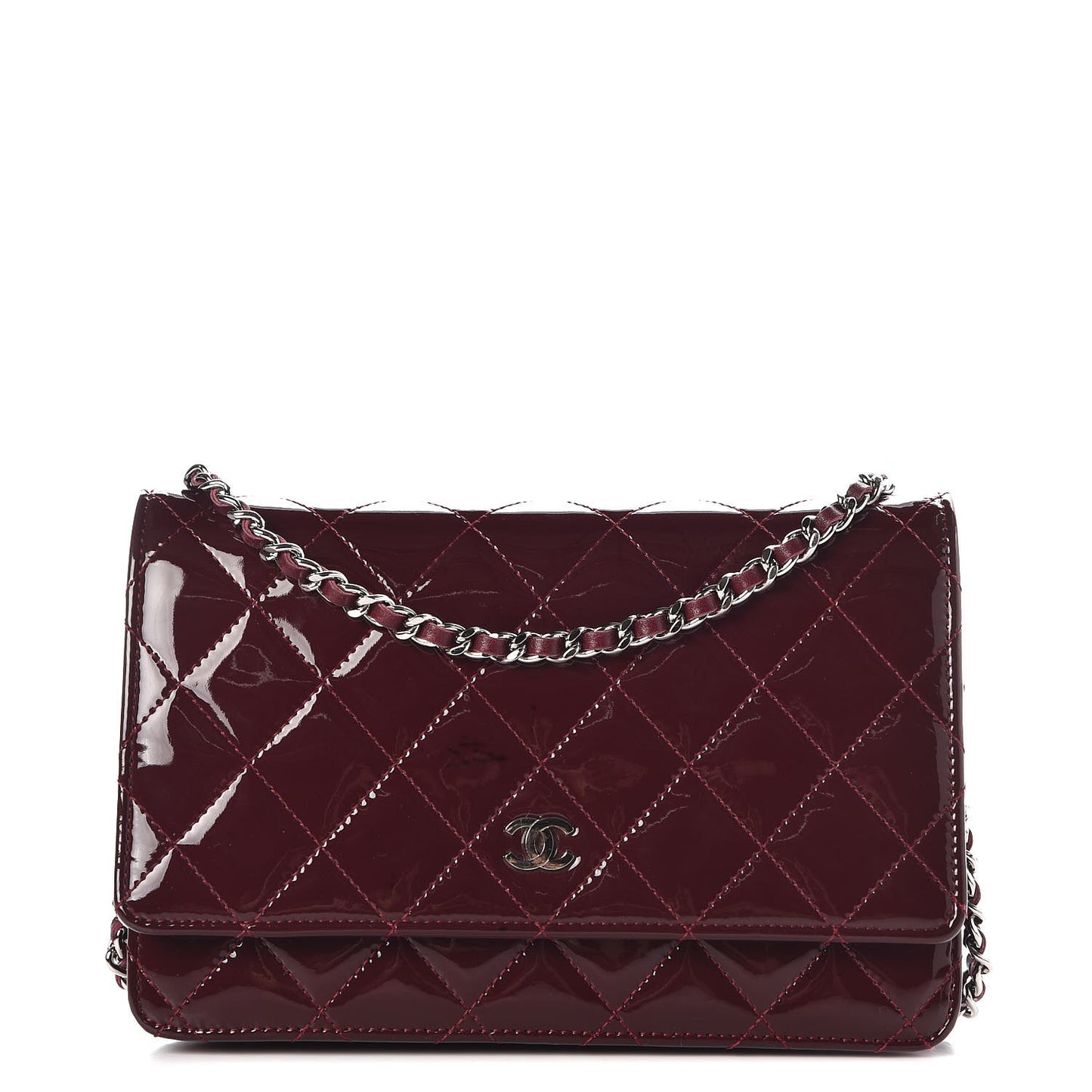 Patent Quilted Wallet On Chain WOC Burgundy