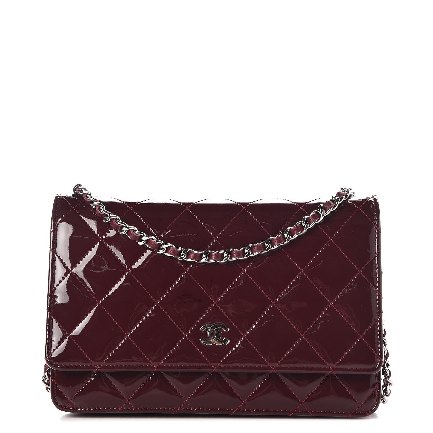 Chanel Patent Quilted Wallet On Chain WOC Burgundy 1 of 9