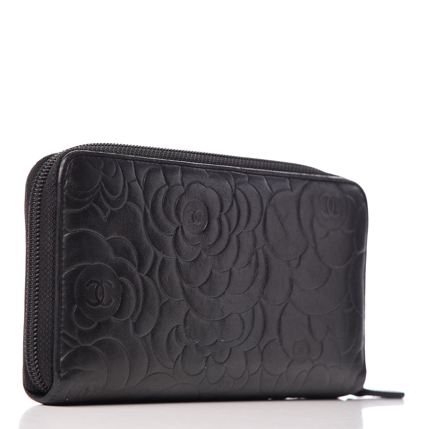Lambskin Camellia Embossed Large Zip Around Gusset Wallet Black