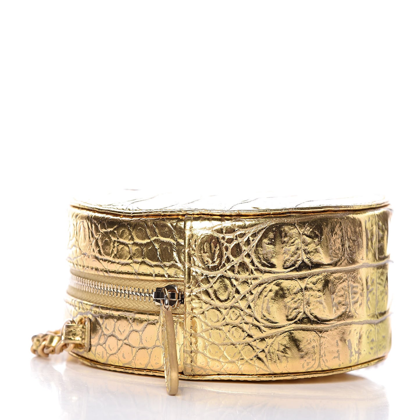 Metallic Calfskin Crocodile Embossed Cocodile Round Clutch with Chain Gold