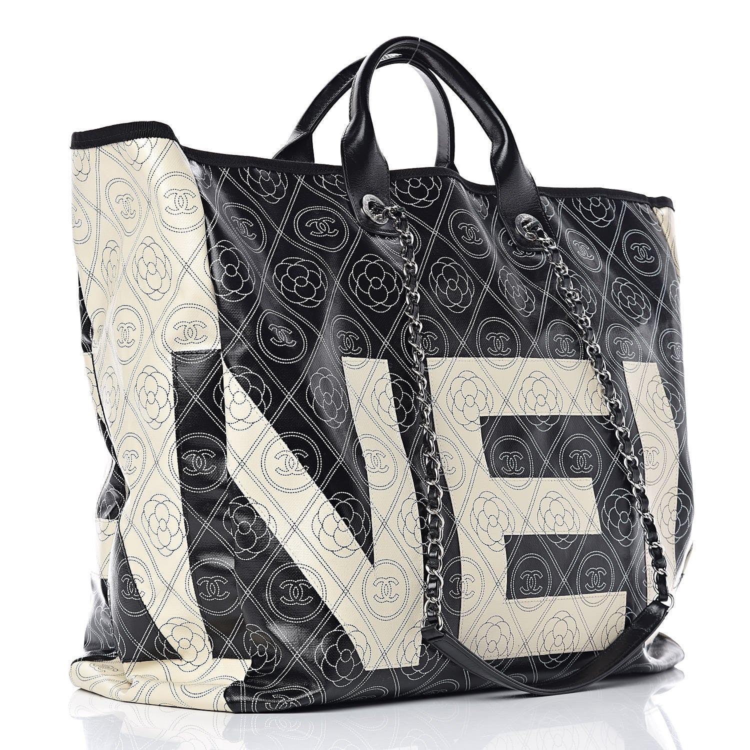 Chanel Coated Canvas Camellia Large Shopping Tote Black Beige 3 of 11
