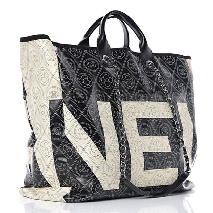Chanel Coated Canvas Camellia Large Shopping Tote Black Beige 3 of 11