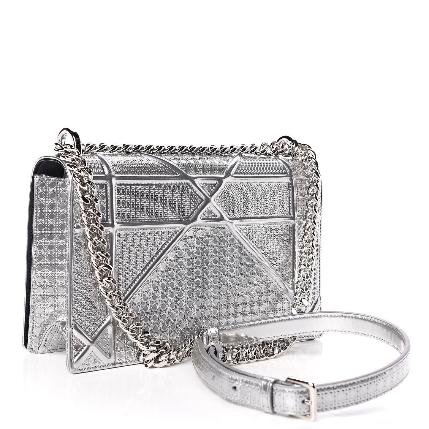 Metallic Patent Micro-Cannage Medium Diorama Flap Bag Silver