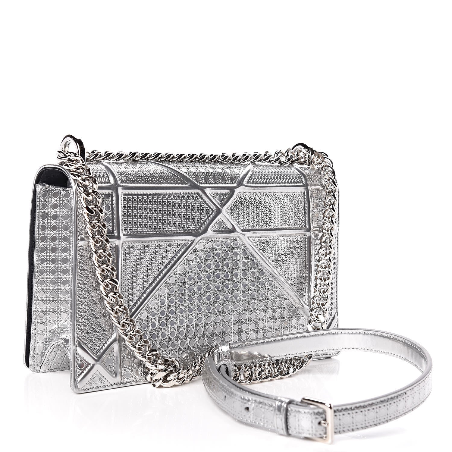 Christian Dior Metallic Patent Micro-Cannage Medium Diorama Flap Bag Silver 3 of 17
