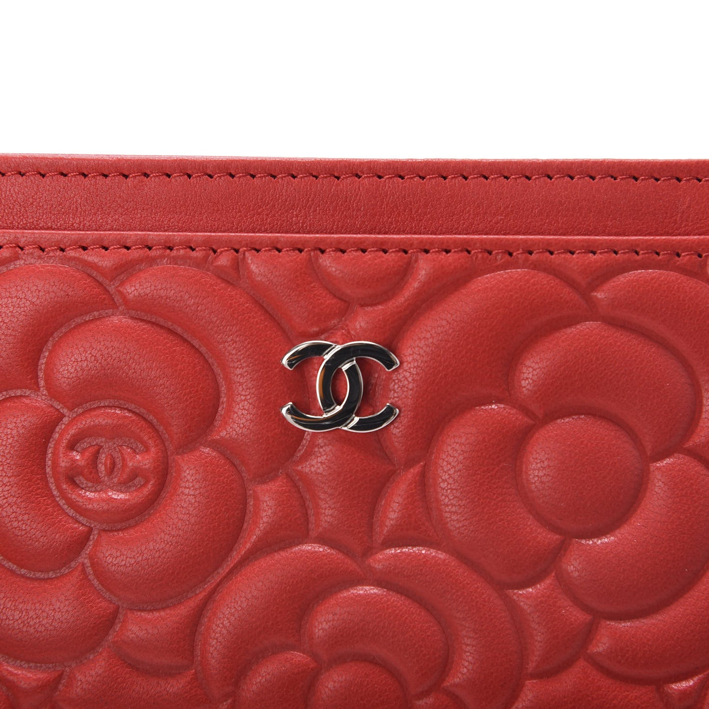 Goatskin Camellia Embossed Card Holder Red