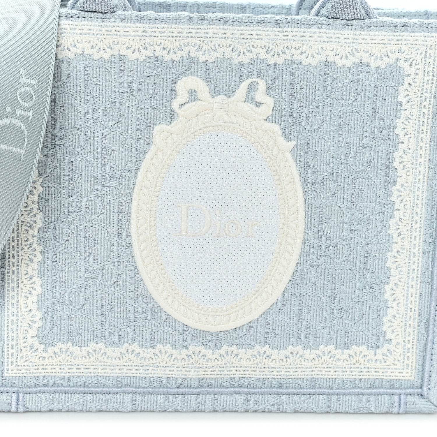 Christian Dior Oblique Embroidered Lace Dior Medallion Small Book Tote With Strap Celestial Blue White 8 of 10