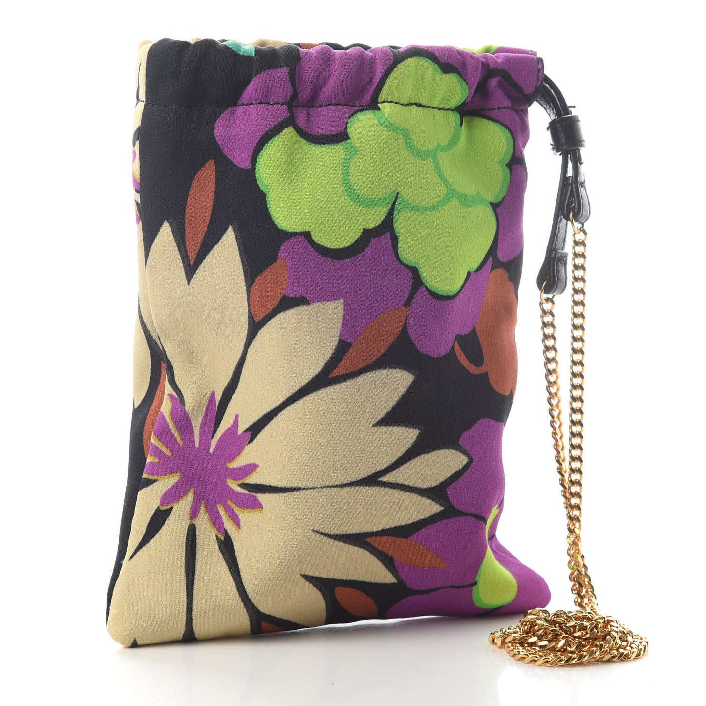 Satin Floral Print Mini Pochon Drawstring Pouch Black Multicolor