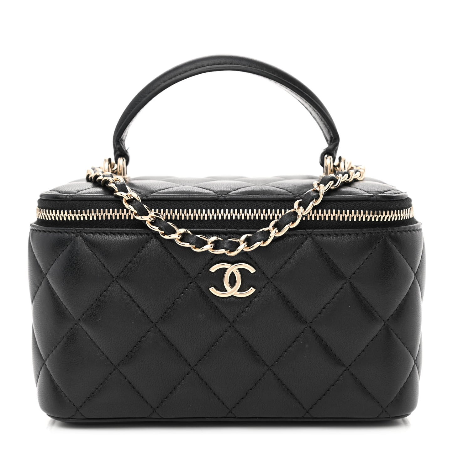 Lambskin Quilted Small Top Handle Vanity Case With Chain Black