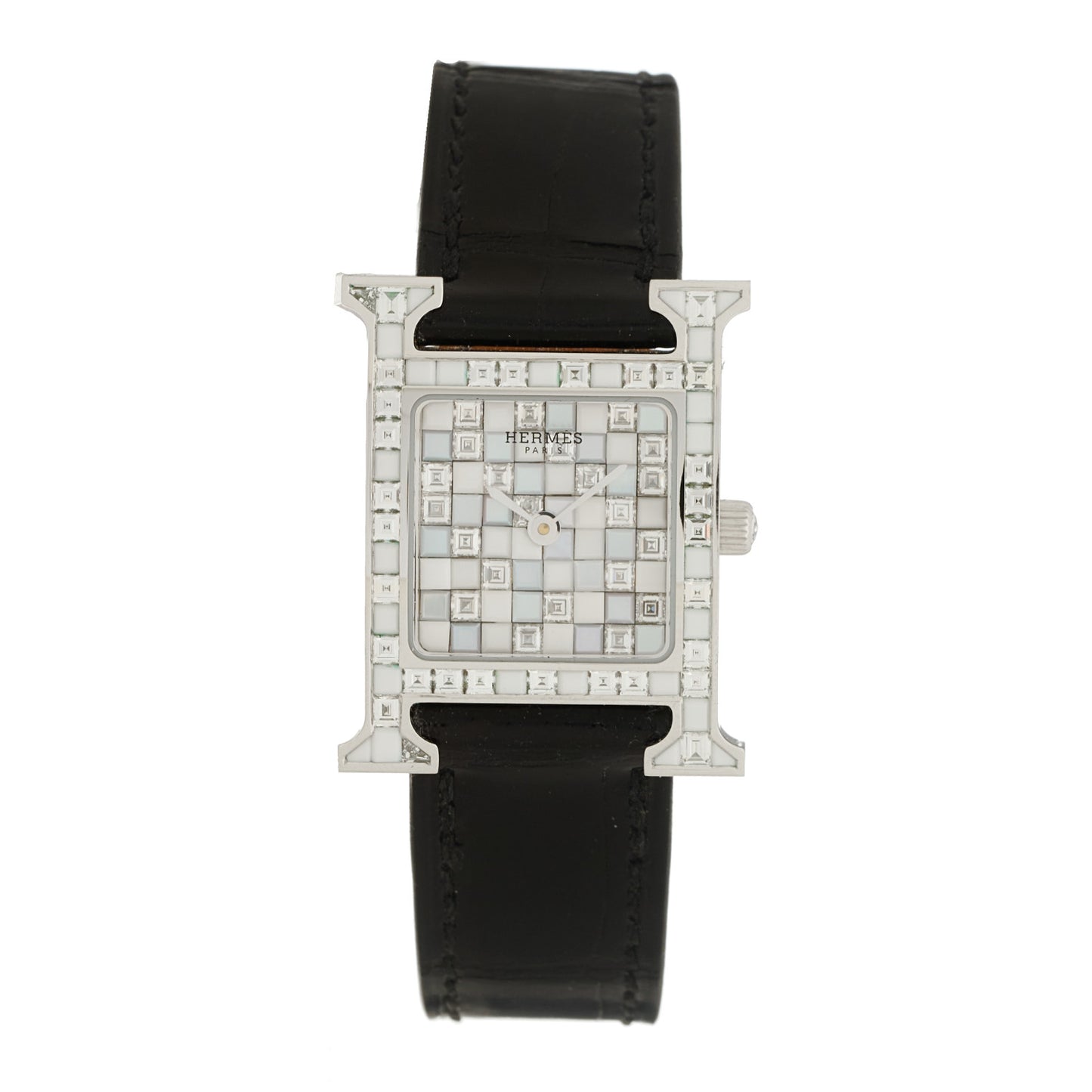 18K White Gold Alligator Diamond 21mm Heure H Hour Mosaique Joailliere Quartz Watch Noir