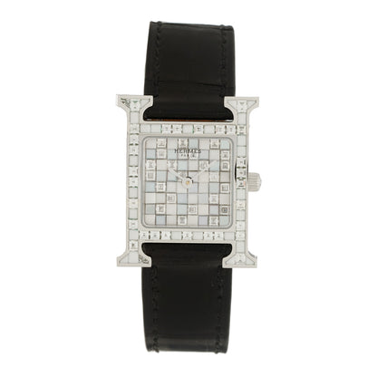 Hermes 18K White Gold Alligator Diamond 21mm Heure H Hour Mosaique Joailliere Quartz Watch Noir 1 of 5