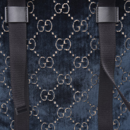 Gucci Velvet GG Monogram Web Medium Double Buckle Backpack Blue Beige Black 10 of 11