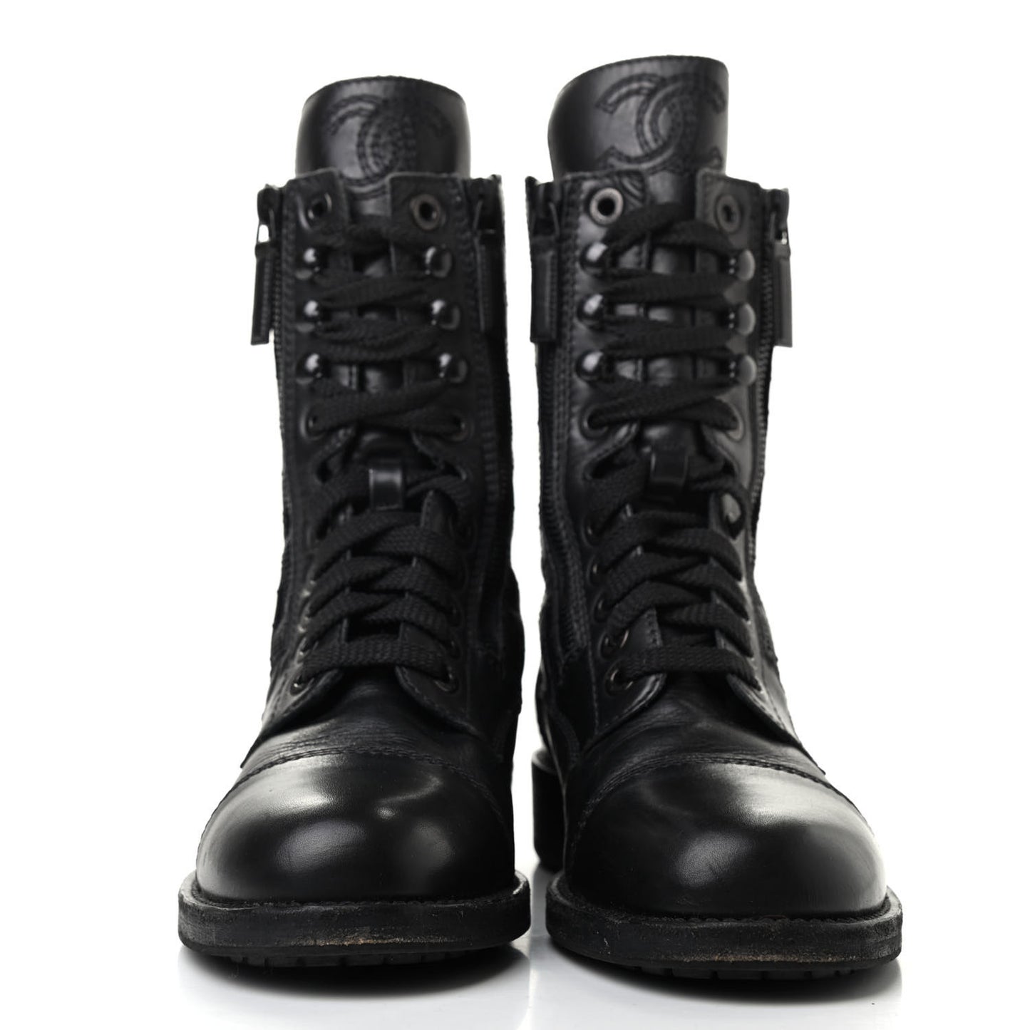Calfskin Quilted Lace Up Combat Boots 36.5 Black
