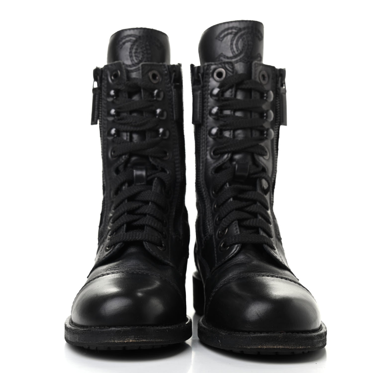 Chanel Calfskin Quilted Lace Up Combat Boots 36.5 Black 2 of 13