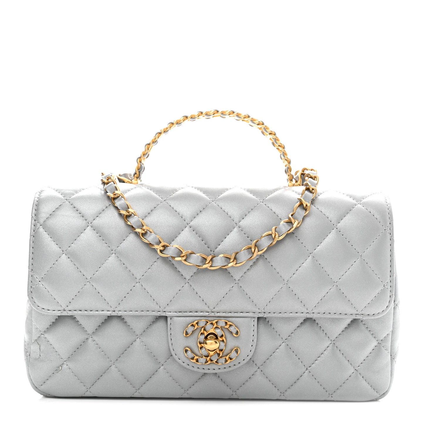 Metallic Lambskin Quilted Small Strass On Top Flap Silvery