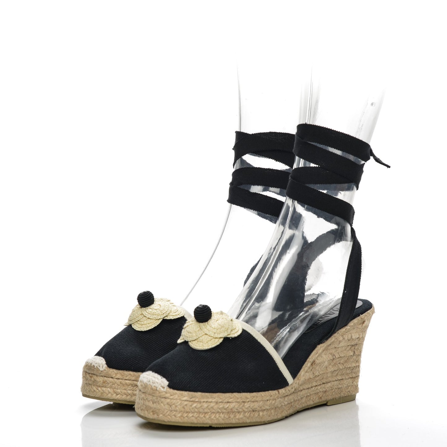 Canvas Espadrille Flower Wedges 40 Black