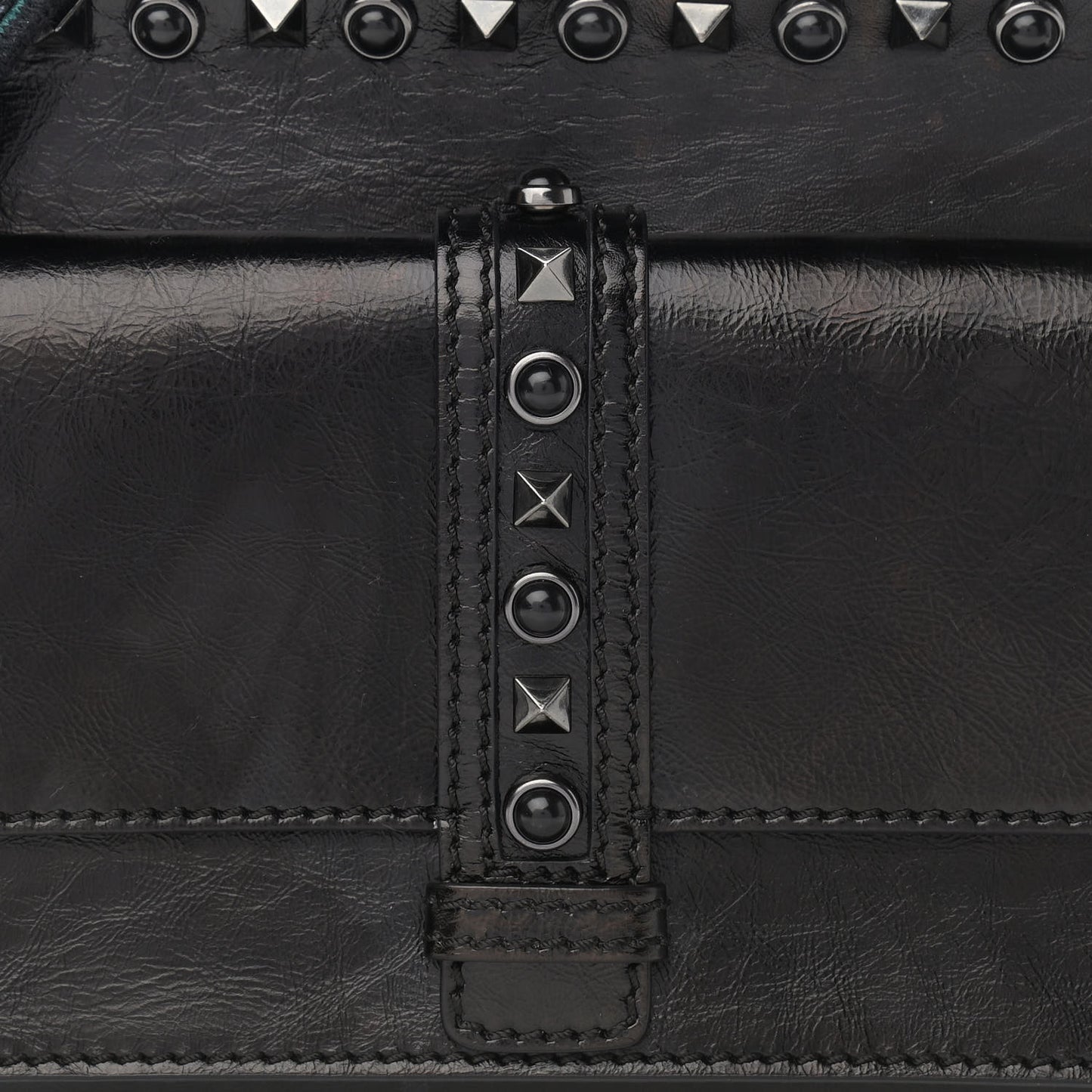Craquele Calfskin Small Guitar Strap Rockstud Rolling Flap Pocket Shoulder Bag Black