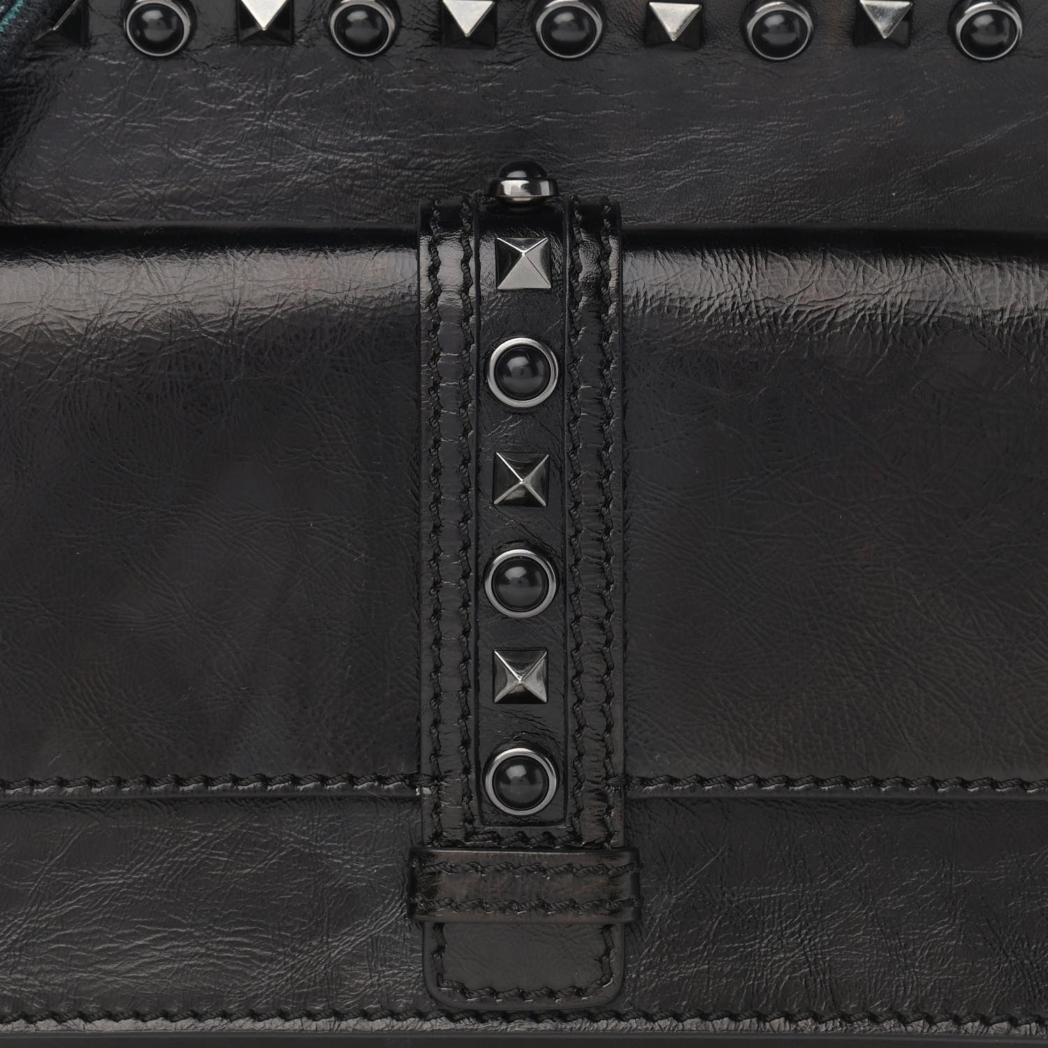 Valentino Garavani Craquele Calfskin Small Guitar Strap Rockstud Rolling Flap Pocket Shoulder Bag Black 7 of 11