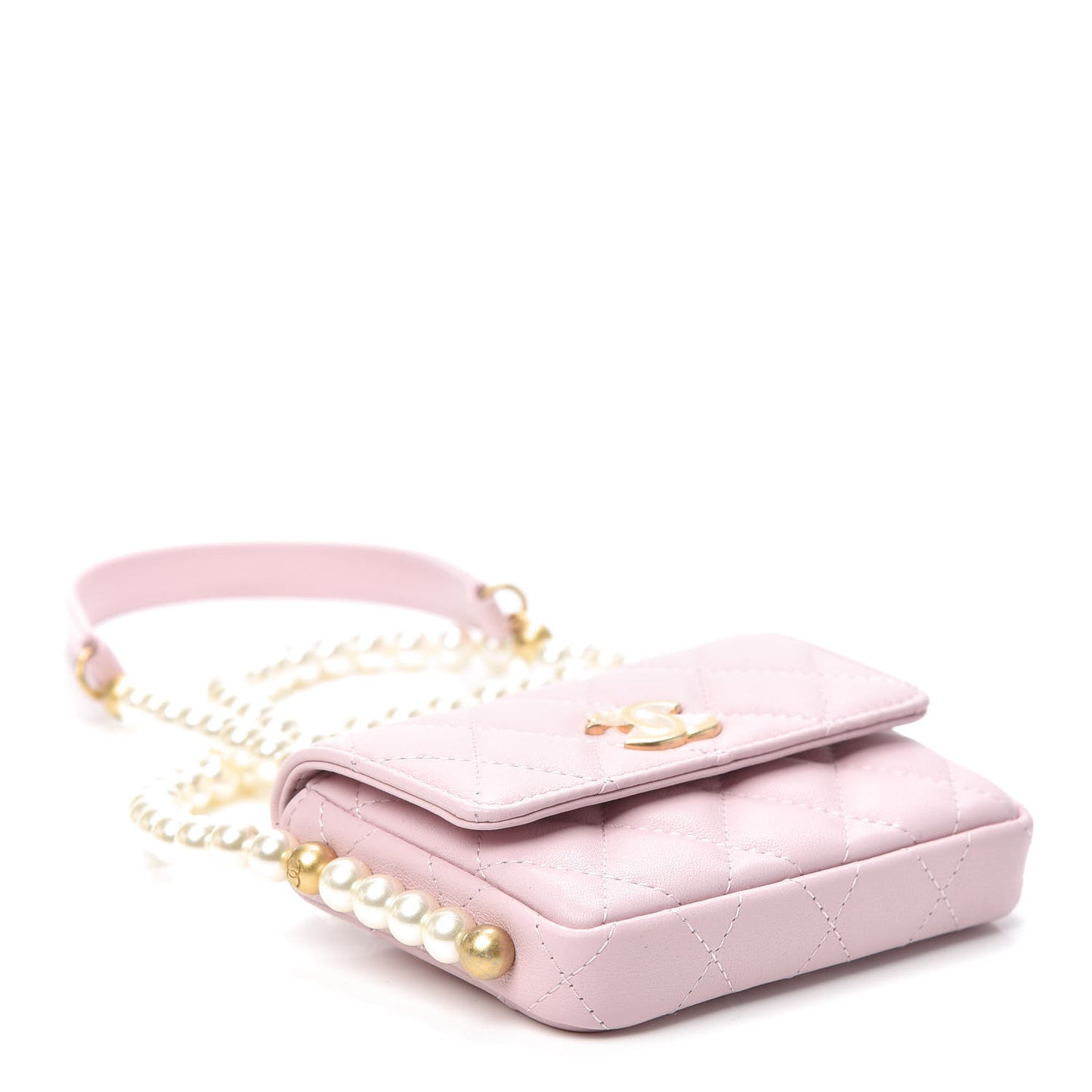 Calfskin Quilted About Pearls Card Holder Flap With Chain Light Pink