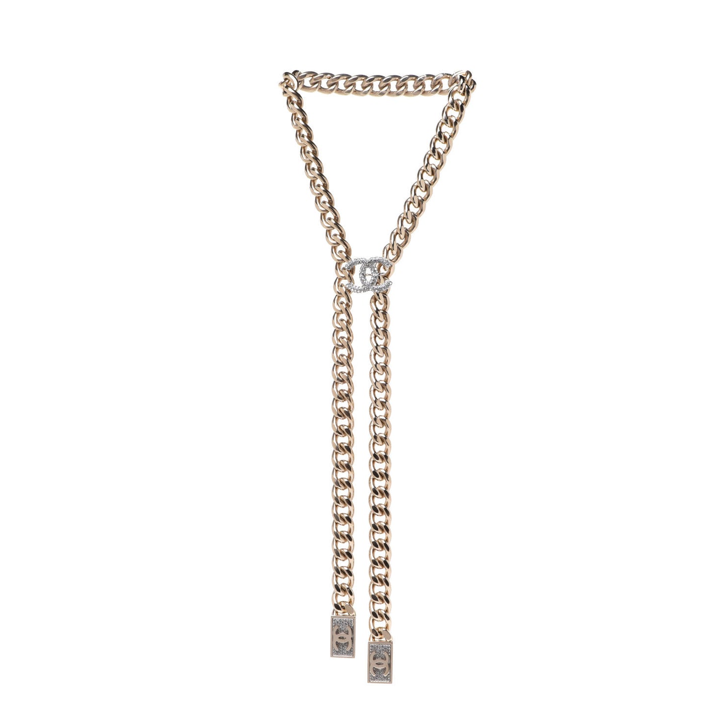 Chain Link Crystal CC Dog Tag Charm Necklace Gold