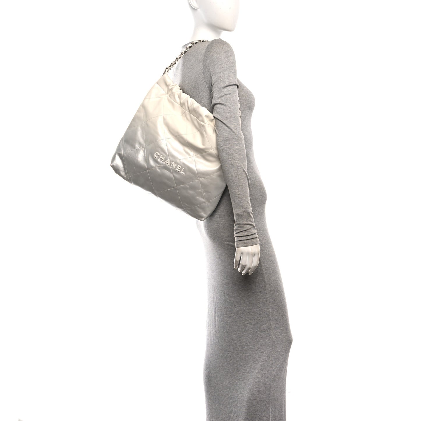 Metallic Shaded Calfskin Quilted Chanel 22 White Silver