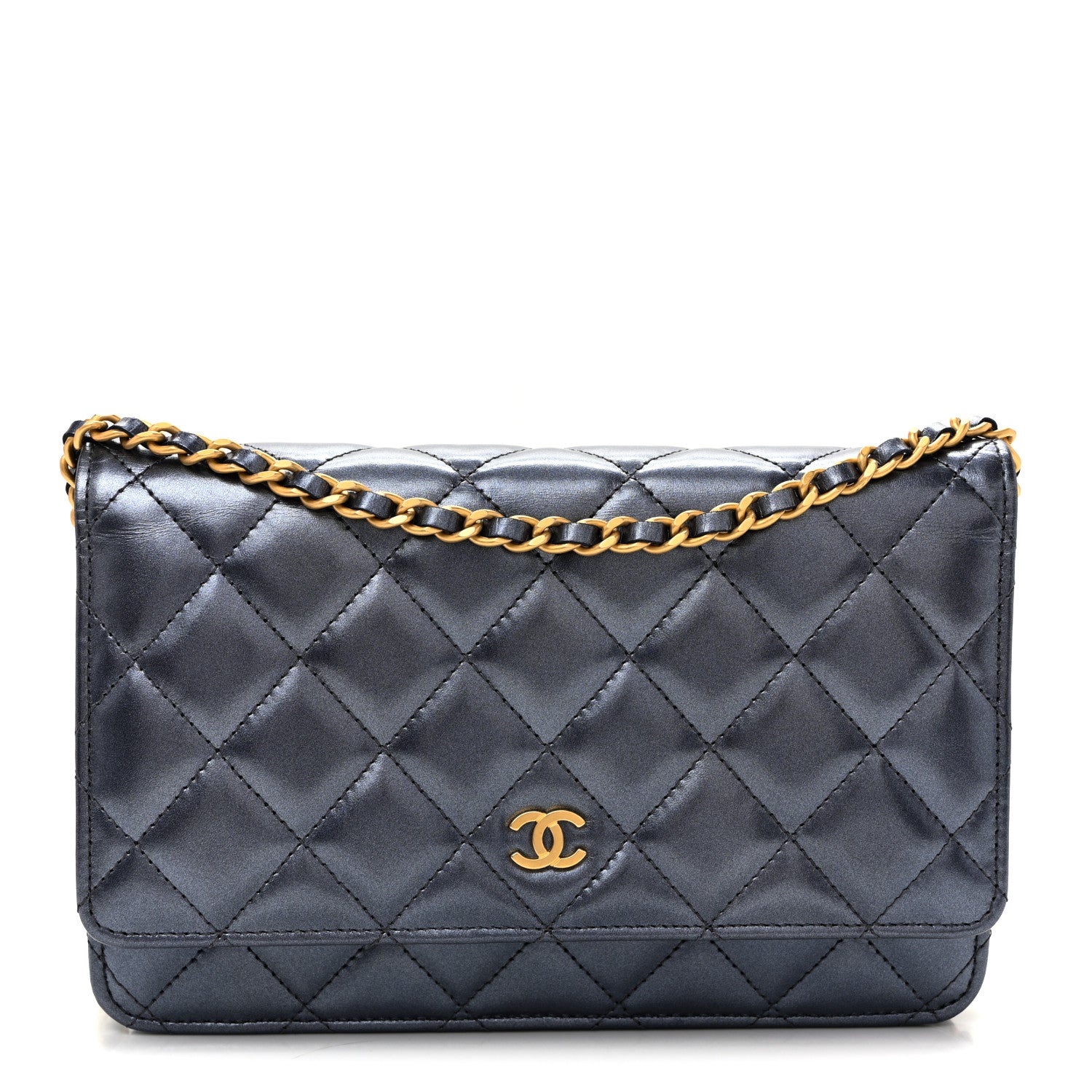 Chanel Metallic Calfskin Quilted Wallet On Chain WOC Navy Blue 1 of 12