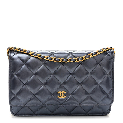 Chanel Metallic Calfskin Quilted Wallet On Chain WOC Navy Blue 1 of 12