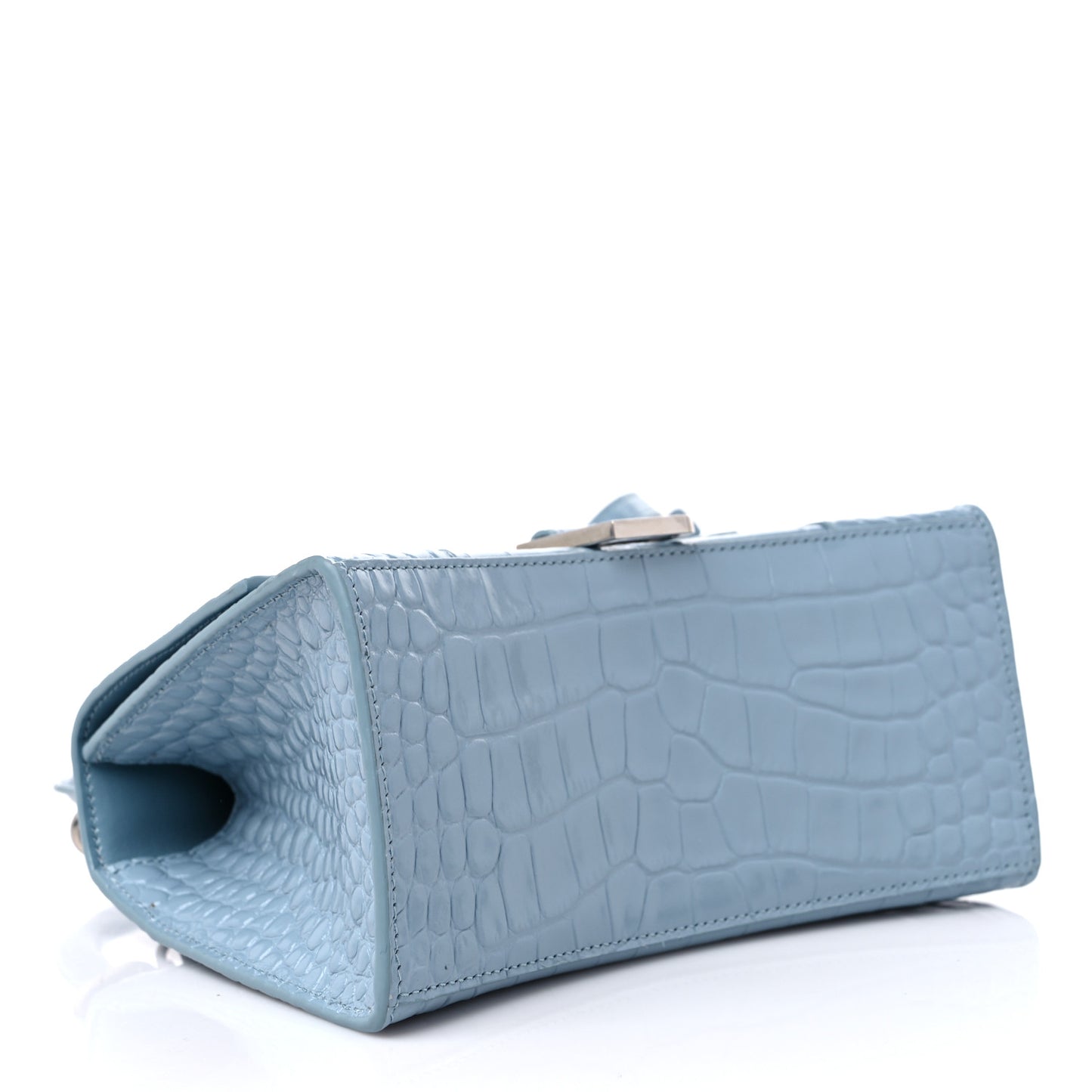 Shiny Calfskin Crocodile Embossed Small Hourglass Top Handle Bag Blue Grey