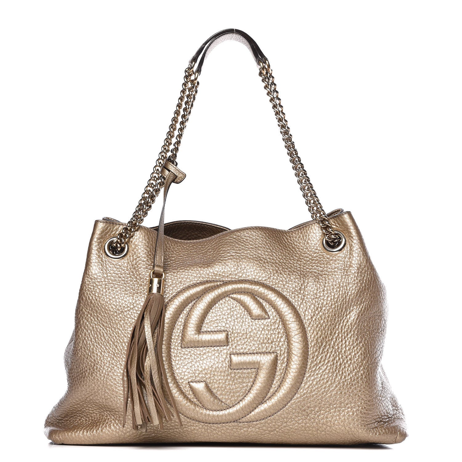 Gucci Metallic Pebbled Calfskin Medium Soho Chain Shoulder Bag Golden Beige 1 of 9