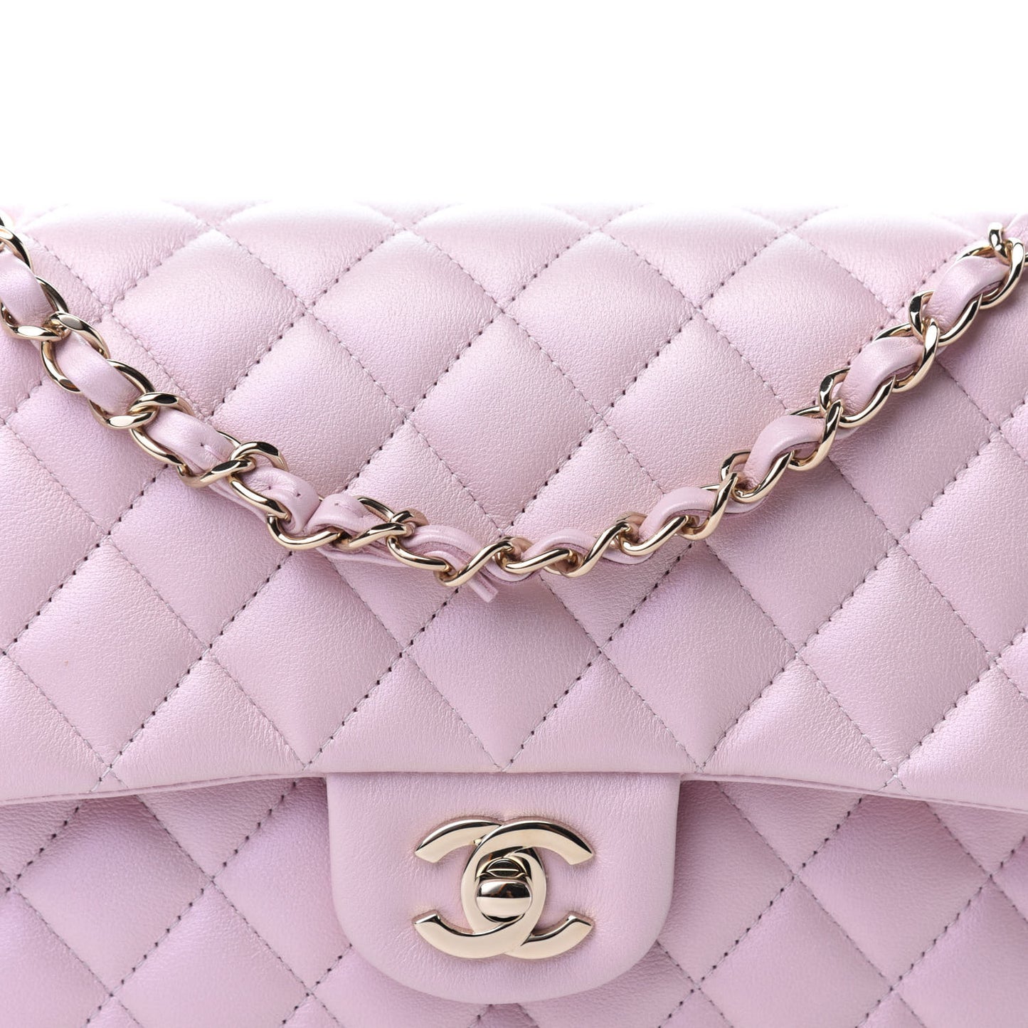 Iridescent Calfskin Quilted Medium Double Flap Light Pink
